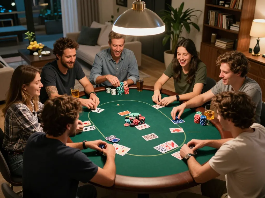 Friends enjoying a poker night at home, showcasing the engaging gameplay experience of u8888.