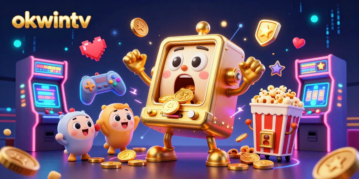 Engage with okwintv's exciting jackpot scene featuring a golden slot machine and festive elements.