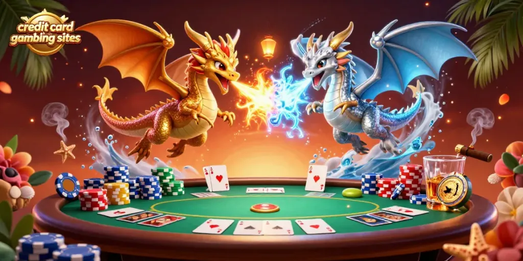 Engage in exciting games at credit card gambling sites with vibrant dragons and poker elements.