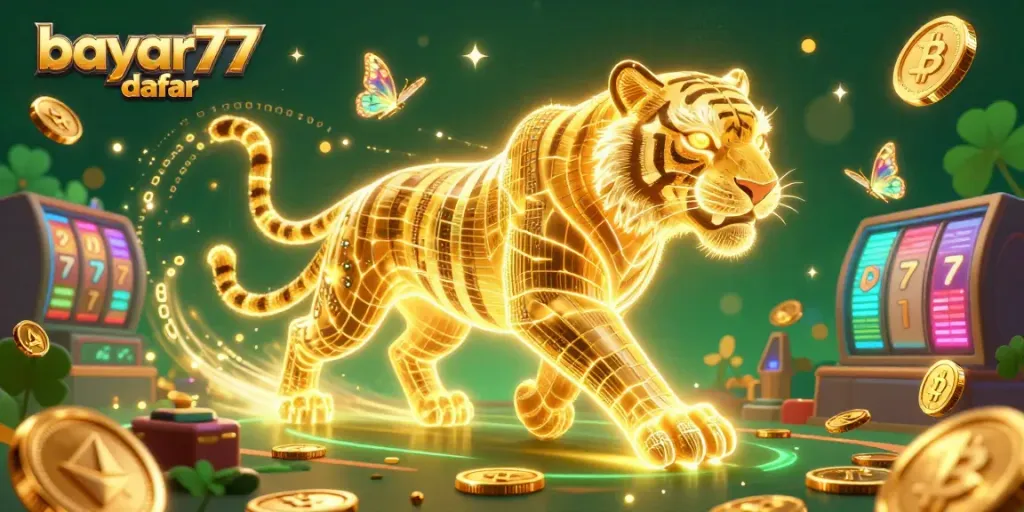 Engage with bayar77 daftar in this dynamic casino scene illustrating a neon tiger surrounded by vibrant gaming elements.