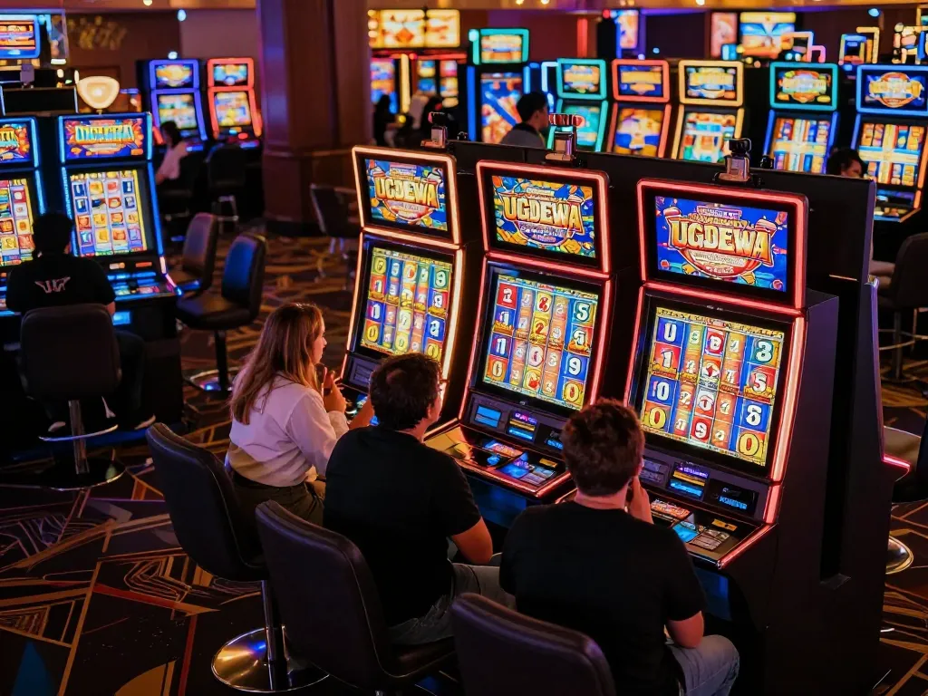 Players engaging with UGDEWA slots, celebrating wins in a vibrant casino setting with colorful lights.