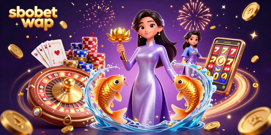 Engage in thrilling sbobet wap mobile betting with a captivating 3D casino illustration featuring an Asian woman and vibrant gaming elements.