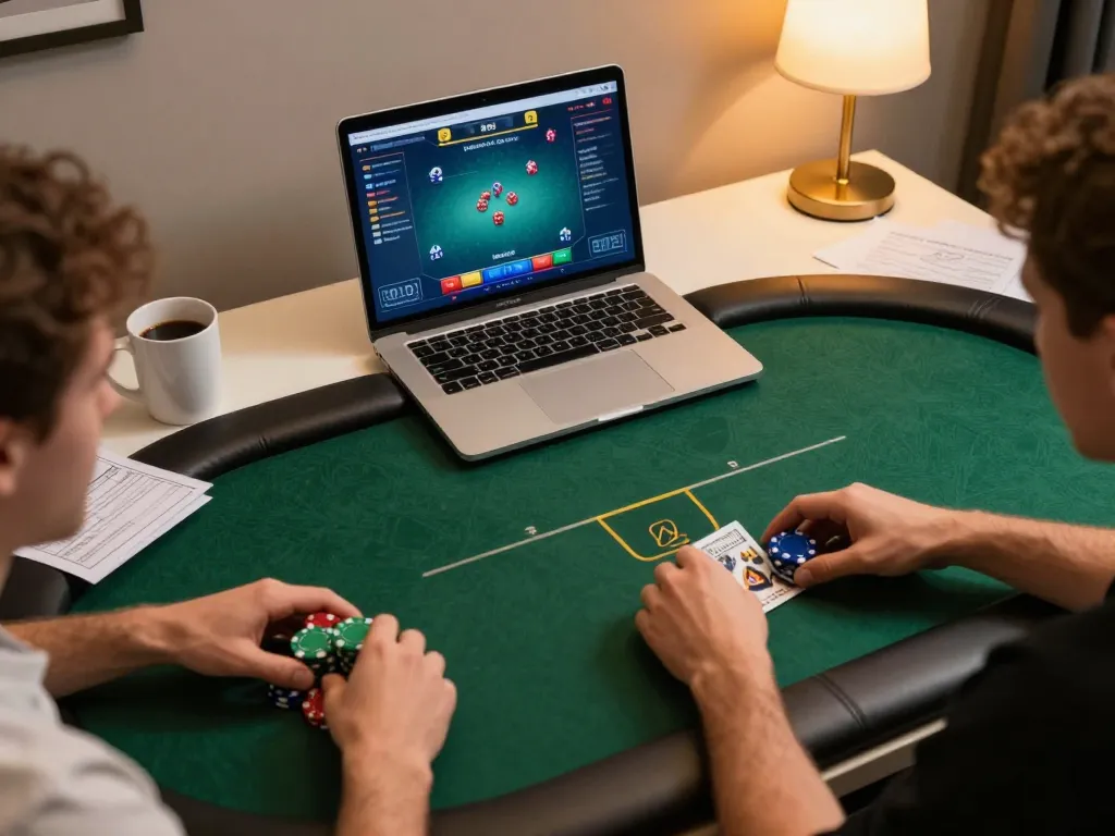 Experience exciting online poker gameplay at 88aa, featuring players engaging with colorful chips during a cozy home setup.