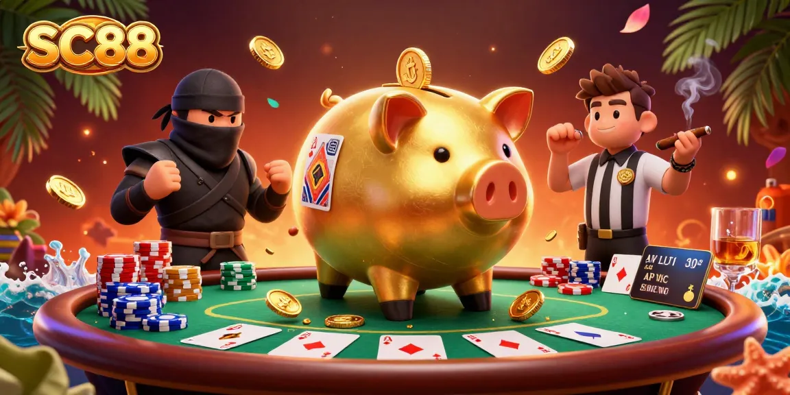 Experience thrilling casino action with SC88's vibrant characters and poker elements in a dynamic scene.