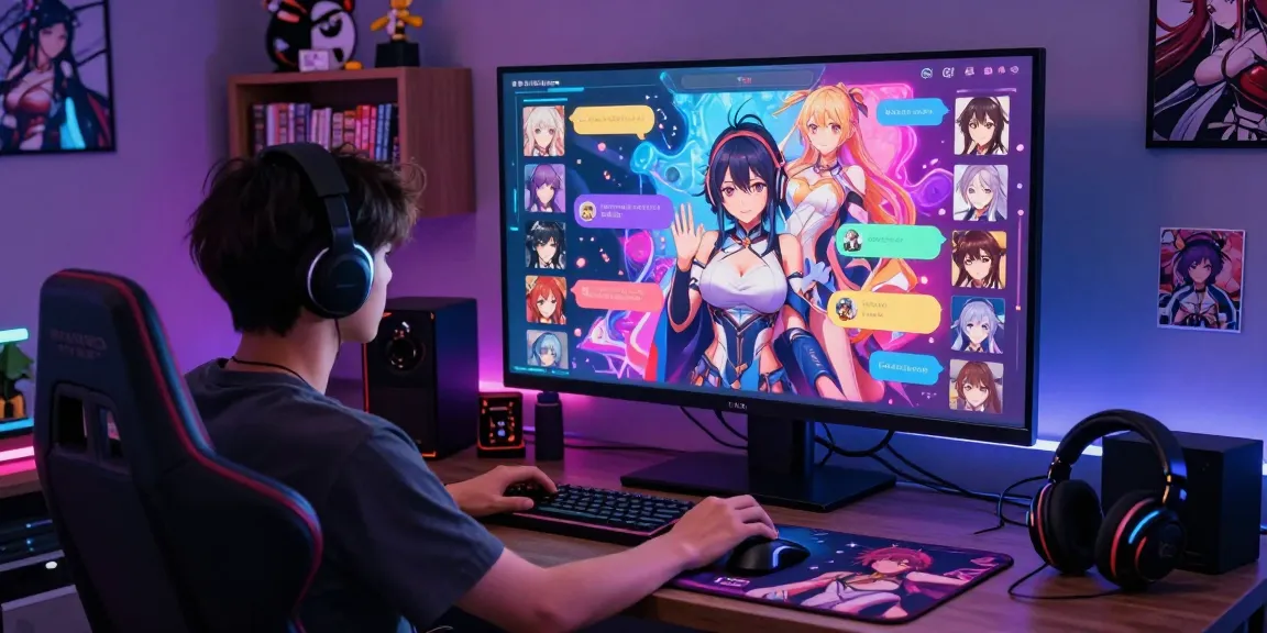 User engaging in hentai AI chat, vibrant digital interface showcasing animated characters and colorful dialogue in a cozy gaming environment.