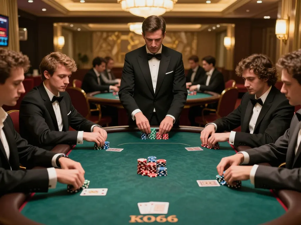 Players strategizing their moves at a high-stakes poker game in KO66 Casino.