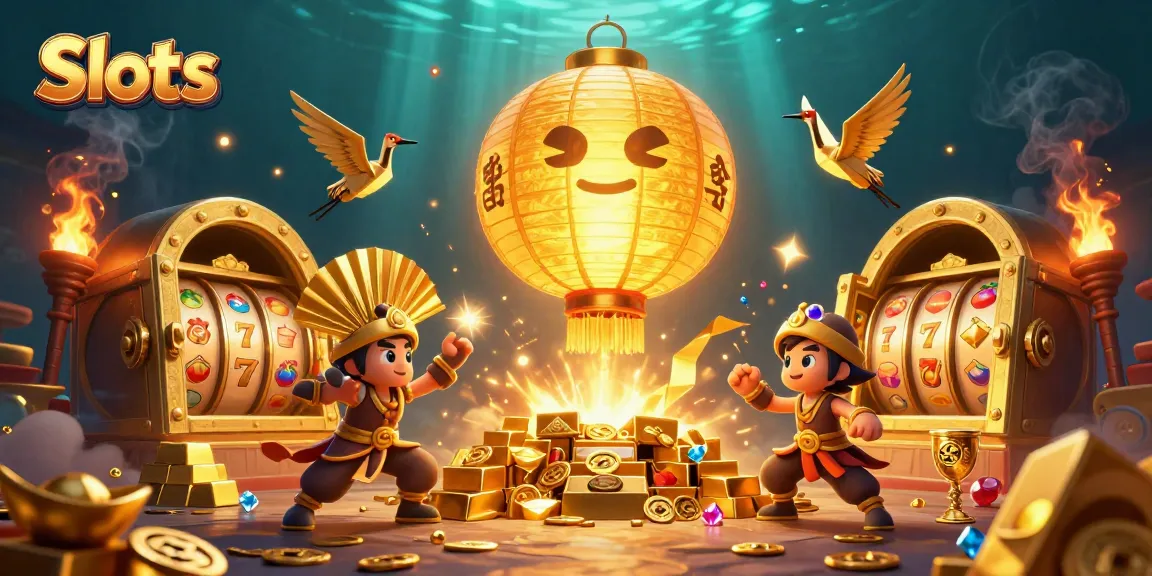 Spin Slots with a giant golden lantern spirit surrounded by treasures and lucky symbols.