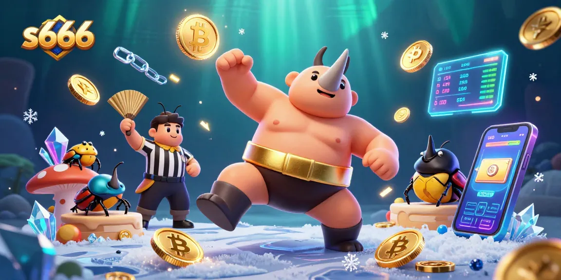 S666 players celebrate wins with a golden beetle and cricket referee in a vibrant casino scene.