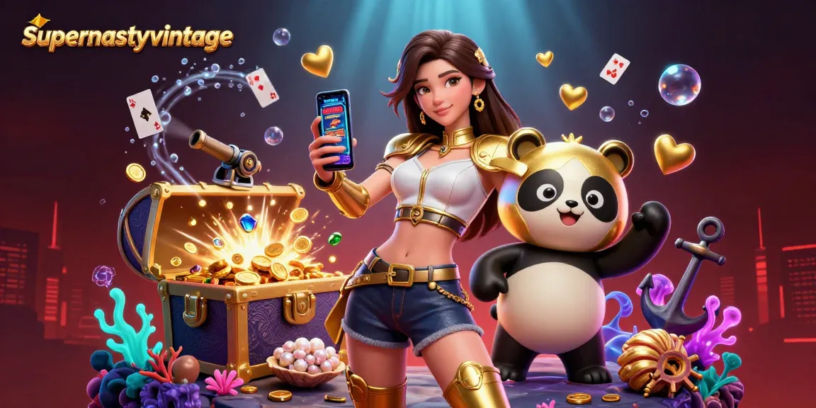 Engage with the supernastyvintage casino adventure featuring an Asian woman and panda mascot in a dynamic game scene.