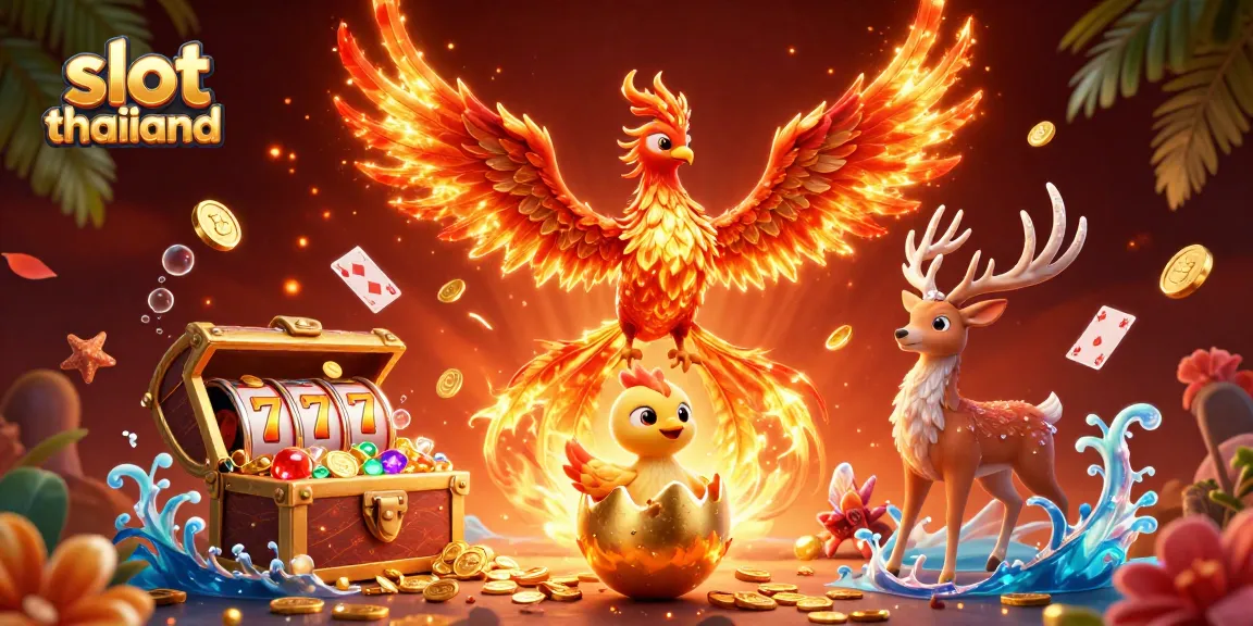 Engage with slot thailand showcasing a vibrant phoenix and mystical stag amid spinning slot reels and treasure decor.