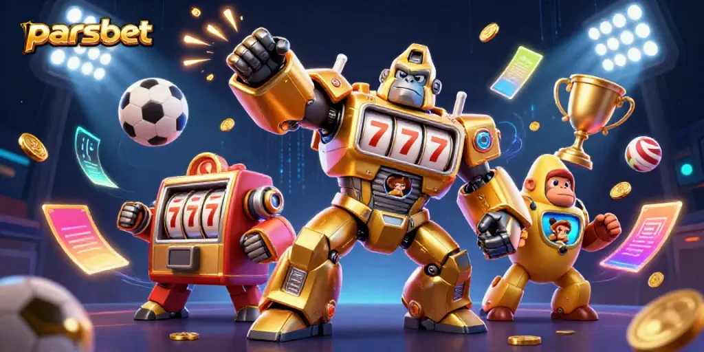 Parsbet ile slot makinesi parçalarından yapılan altın goril mech'in kazandığı büyük ödülleri gösteren detaylı bir 3D illüstrasyonu.
