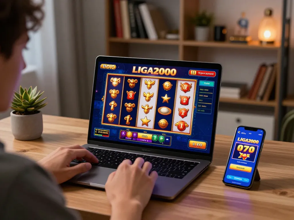 LIGA2000 online slot gaming session in a cozy home office with engaging visuals and vibrant reels.