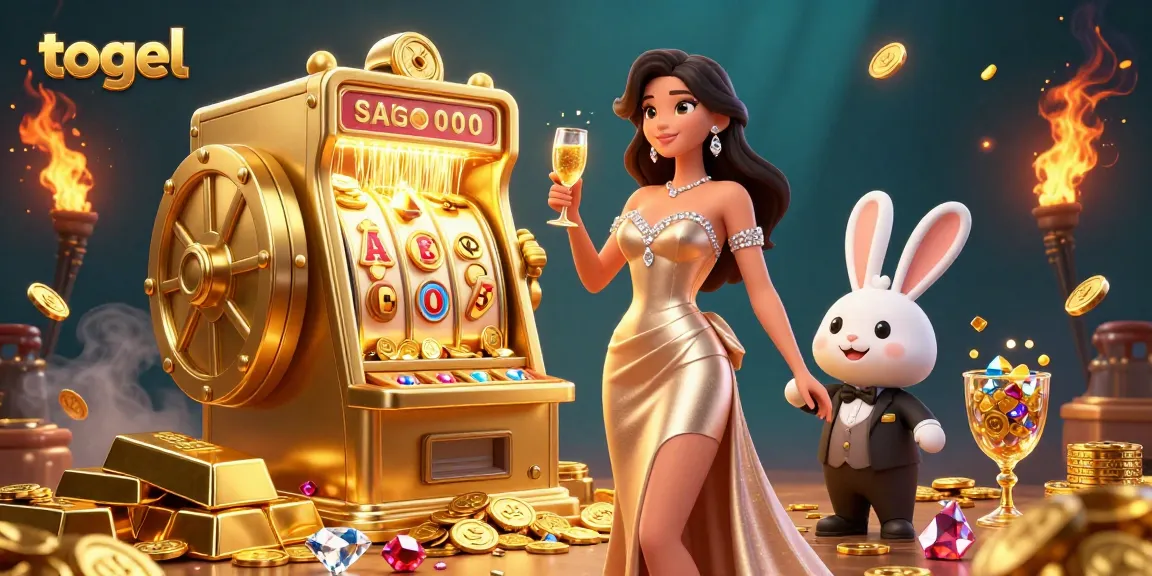 Experience togel action with a glamorous woman toasting beside a jackpot slot machine.