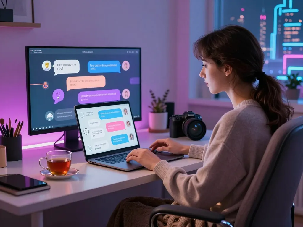 Engaging in ai sex chat with a user-friendly AI companion in a cozy digital workspace.