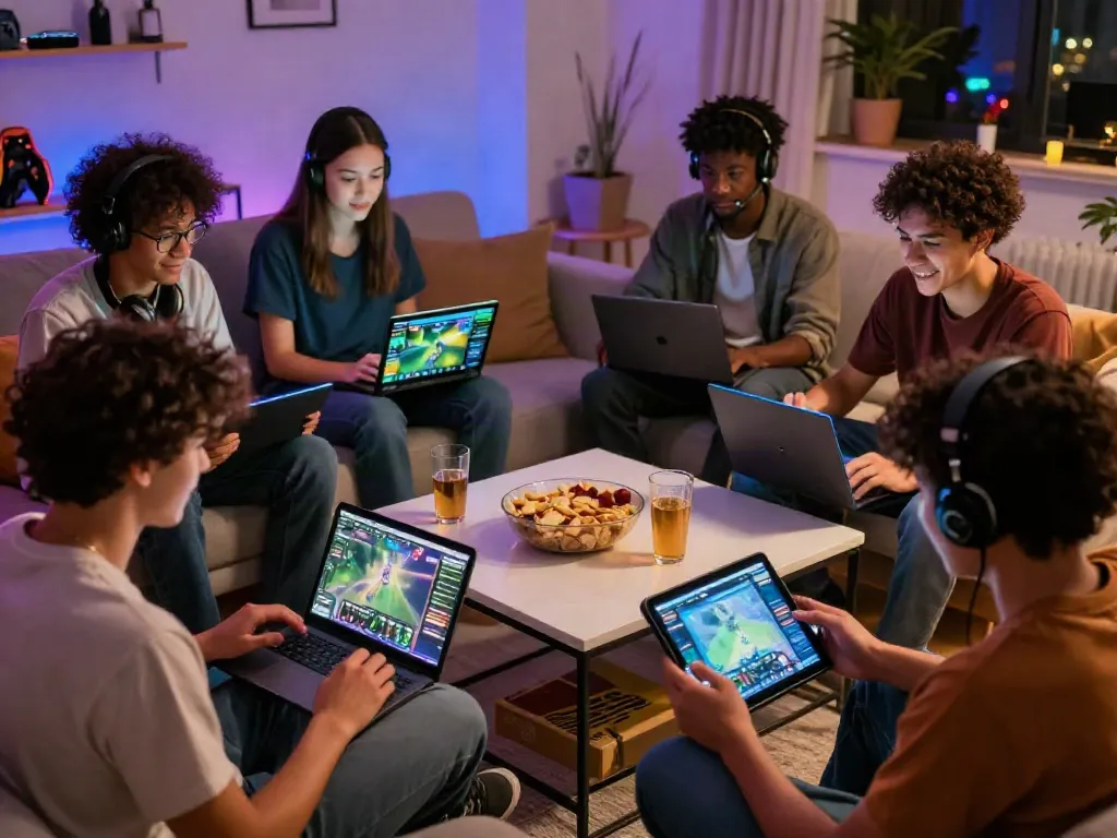 Friends enjoying unsurtoto gaming at home with laptops and snacks.