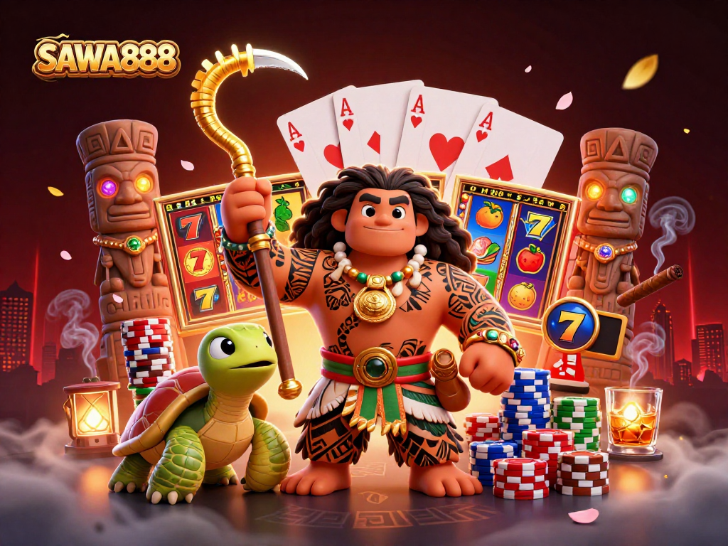 SAWA888 showcases a vibrant 3D illustration of a Polynesian demigod in a casino setting, surrounded by dynamic slot elements.