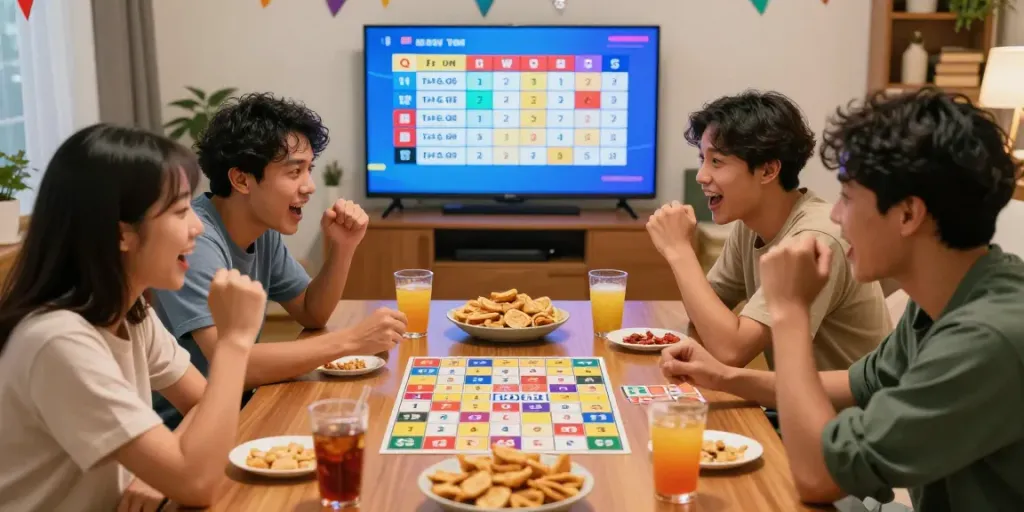 Teman-teman bersenang-senang saat memainkan Togel hargatoto daftar di ruang tamu yang hangat dan ceria.
