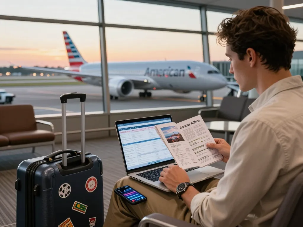 Traveler preparing for a flight on the American Airlines 789P in an airport lounge.