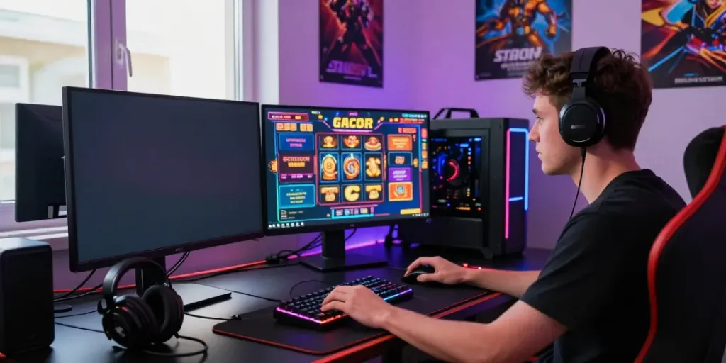 A gamer experiencing slot gacor online on a colorful and modern gaming setup with ambient lighting.