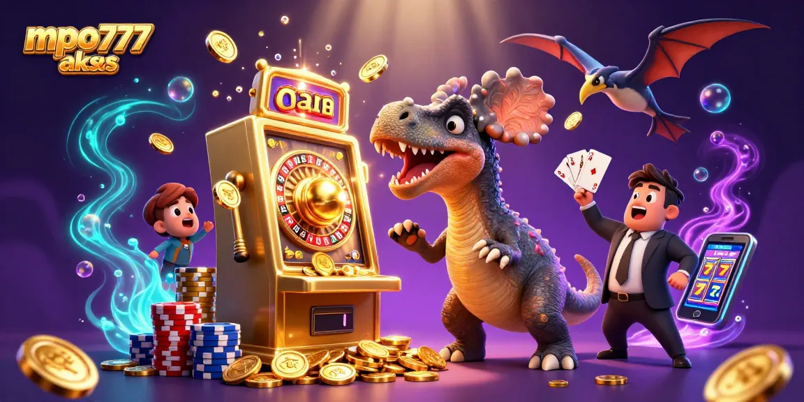 Experience the excitement of mpo777 akses with a cartoon dinosaur at a slot machine.