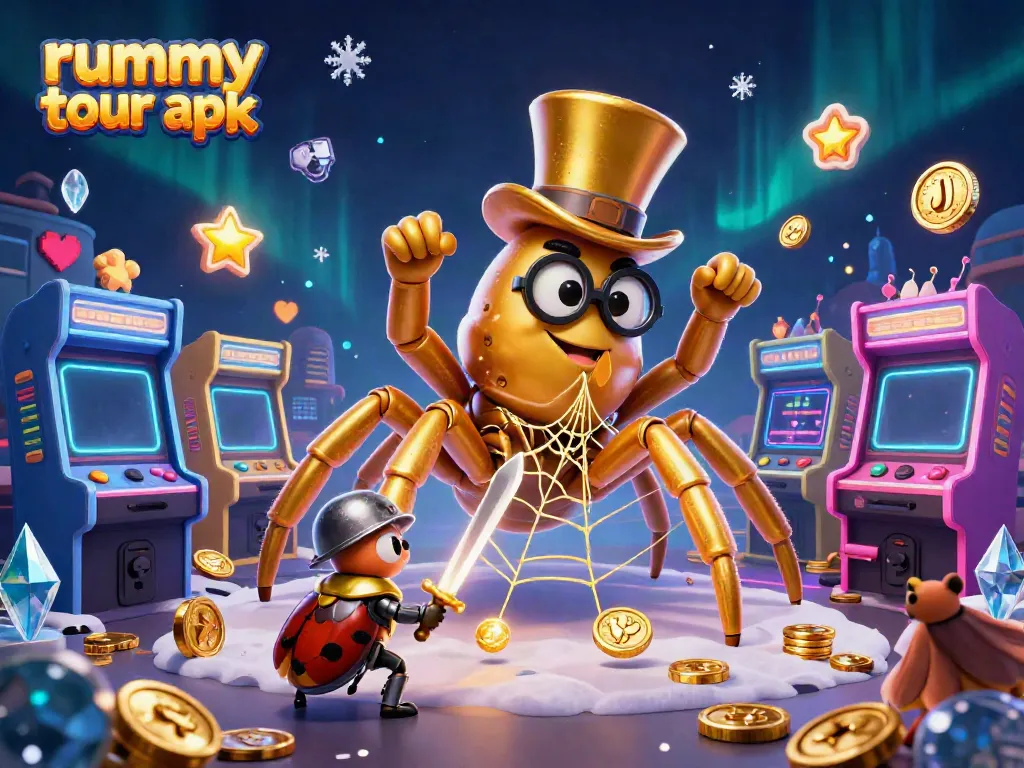 Gambarkan permainan rummy tour apk dengan karakter kartun dan mesin permainan 3D yang menarik.