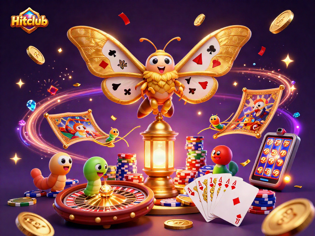 Hitclub illustration featuring a vibrant casino scene with a cartoon atlas moth and golden coins.