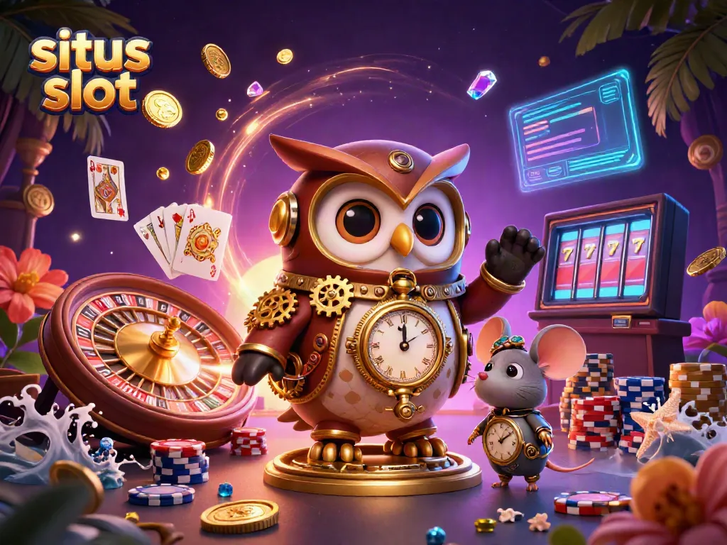 Situs slot illustration depicting a 3D owl and mouse in a vibrant casino scene with gold coins and cards.