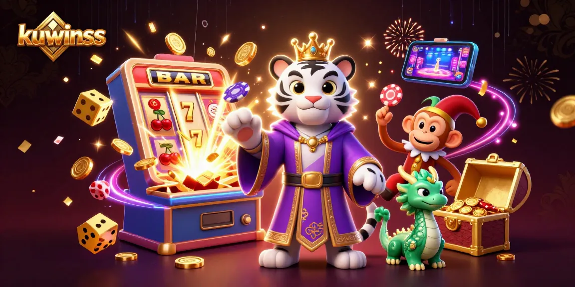 Kuwinss's captivating scene features a white tiger, monkey juggling chips, and a jade dragon amid vibrant casino action.