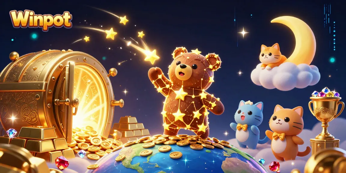 Winpot engages players with a vibrant 3D illustration of a constellation bear, coins, and jewels.