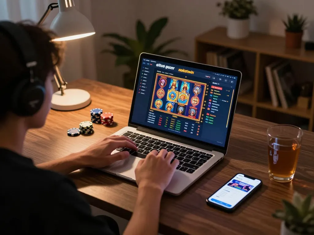 situs gacor nekatwin online gaming experience with engaging slot games on laptop screen and smartphone app.