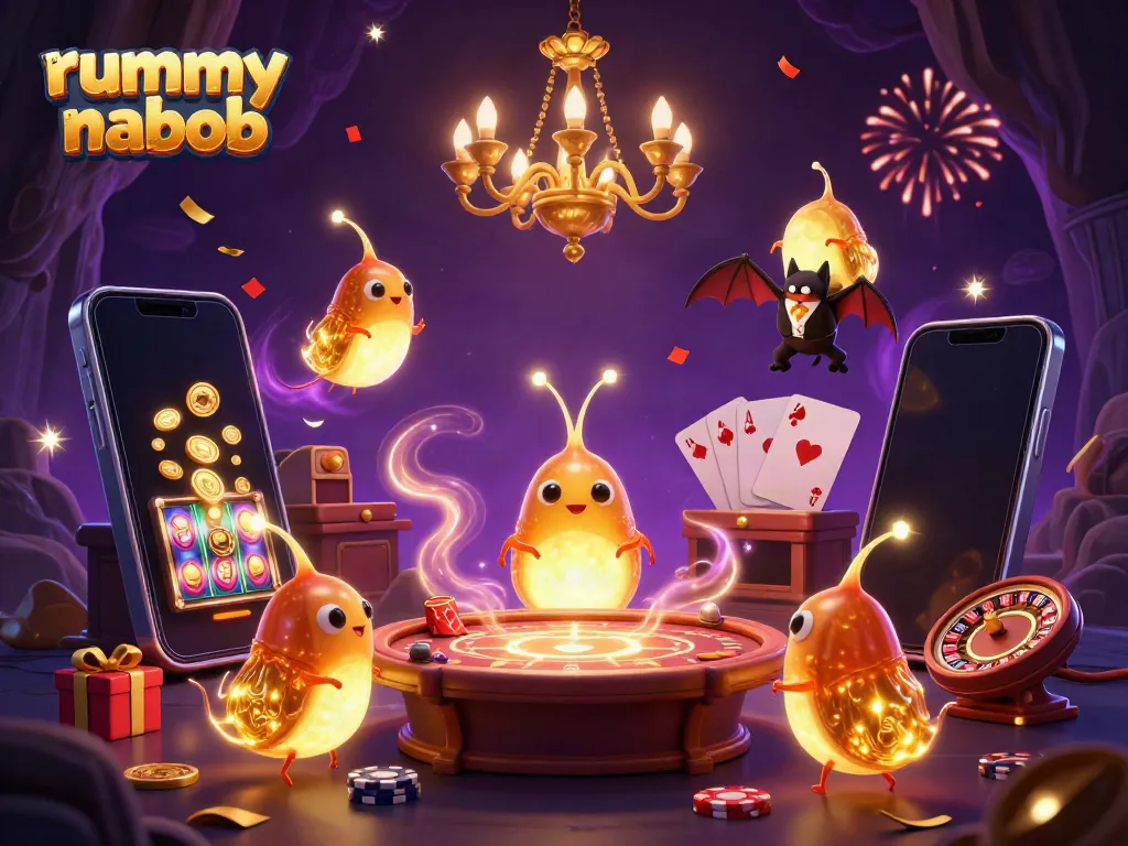 Permainan rummy nabob yang penuh warna di kasino gua dengan cahaya kunang-kunang.