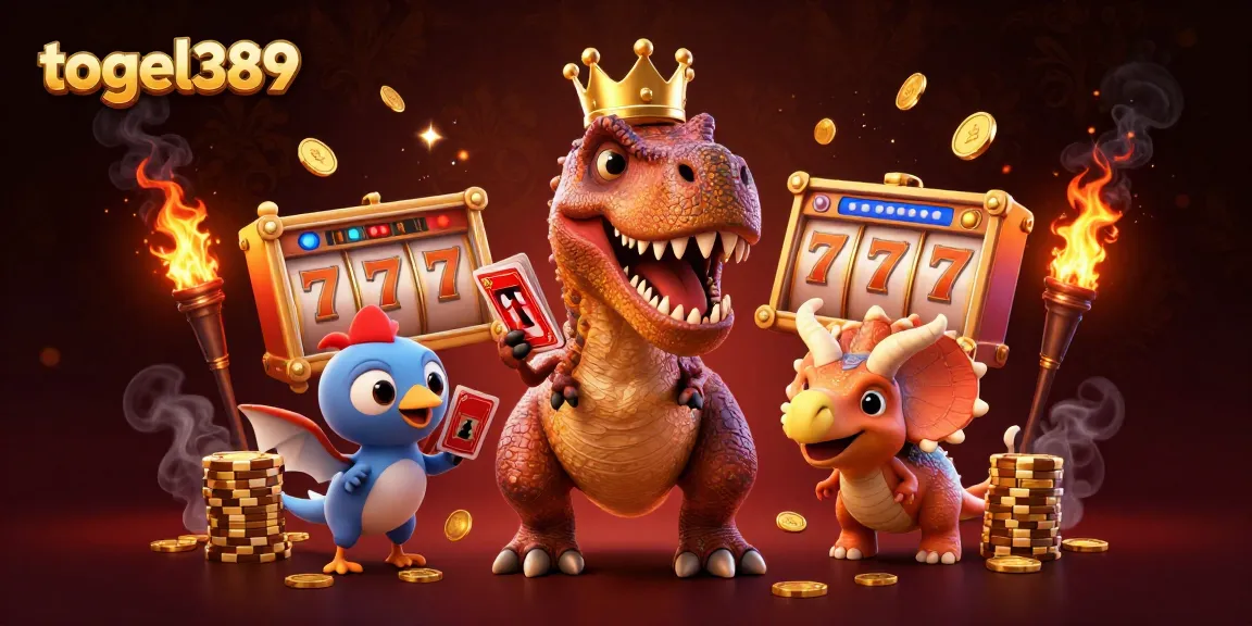 Togel389 enhances gaming luck with playful T-Rex and friends amid vibrant casino elements.