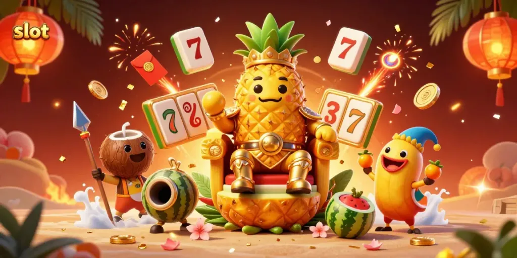 Permainan slot dengan simbol dan raja nanas di kasino pantai tropis.