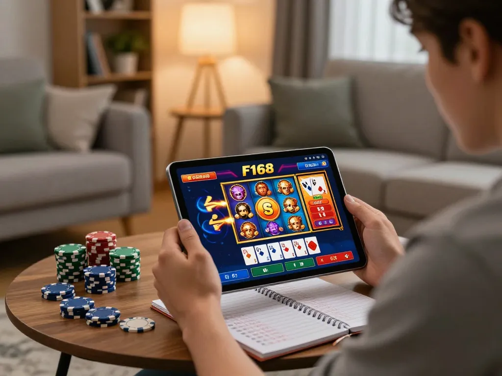 Player engaging with the F168 app for online casino gaming on a tablet, emphasizing responsible gambling practices.