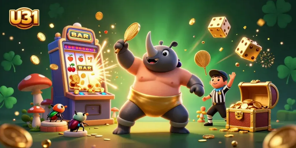 Experience U31's excitement with a vibrant illustration of jackpot-winning moments in a colorful casino.