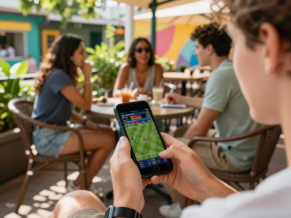 Engaging in sports betting on a smartphone at a lively cafe, showcasing Rikvip in action.