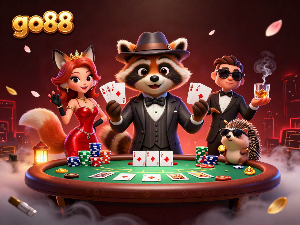 Experience exciting poker gameplay with go88 featuring a suave raccoon and friends at a vibrant casino table.