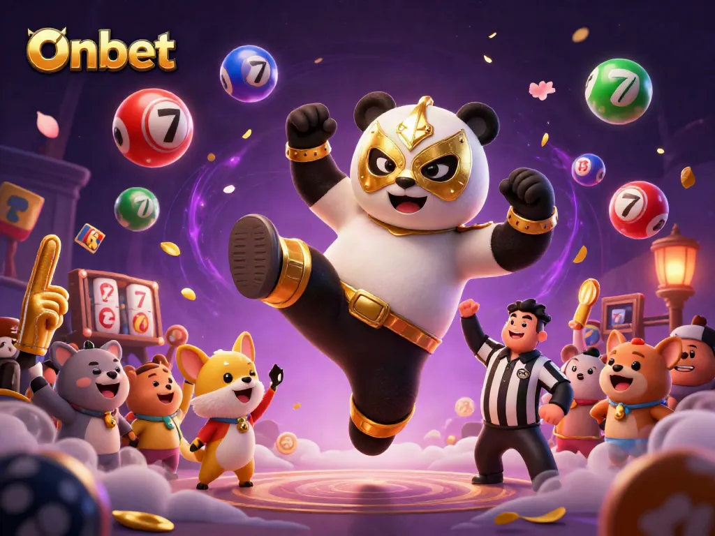 Onbet platform showcases vibrant gaming action featuring an engaging panda wrestler and lively animal fans.