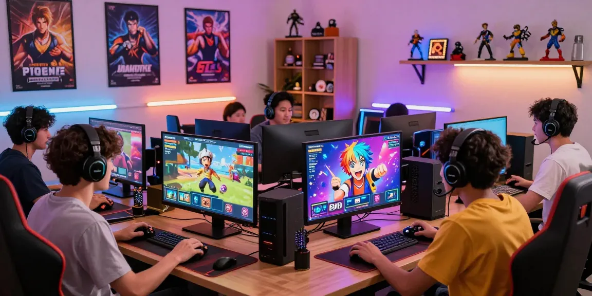 Exciting group gaming scene highlighting players engaged in a lively discussion about the latest gay ecchi game, featuring colorful avatars and vibrant decorations.
