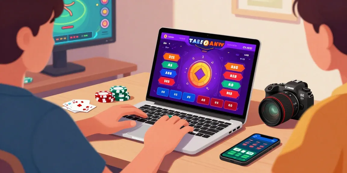 Engaging scene of a person using coloksgp link alternatif on a laptop in a cozy gaming environment, surrounded by poker chips and gaming gear.