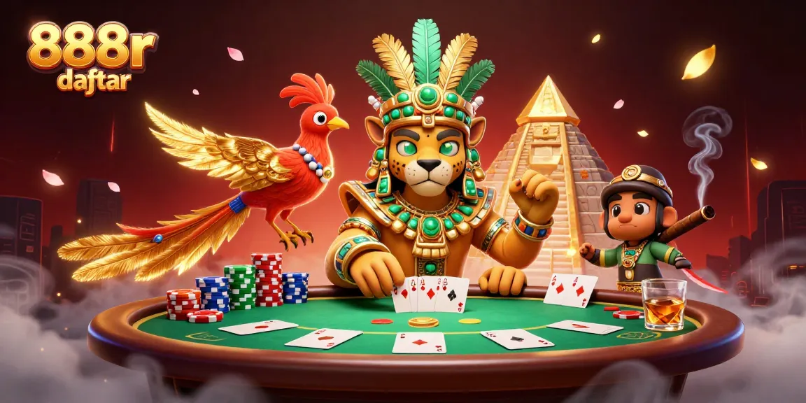 Engage with the 888r daftar casino world, featuring vibrant poker elements in a 3D dynamic setting.