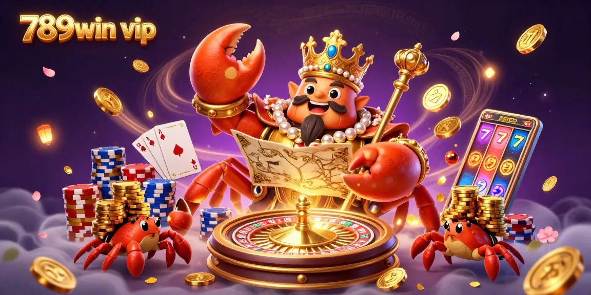 Win big at 789win vip with a colorful casino scene featuring a golden crab emperor amidst sparkling treasures.
