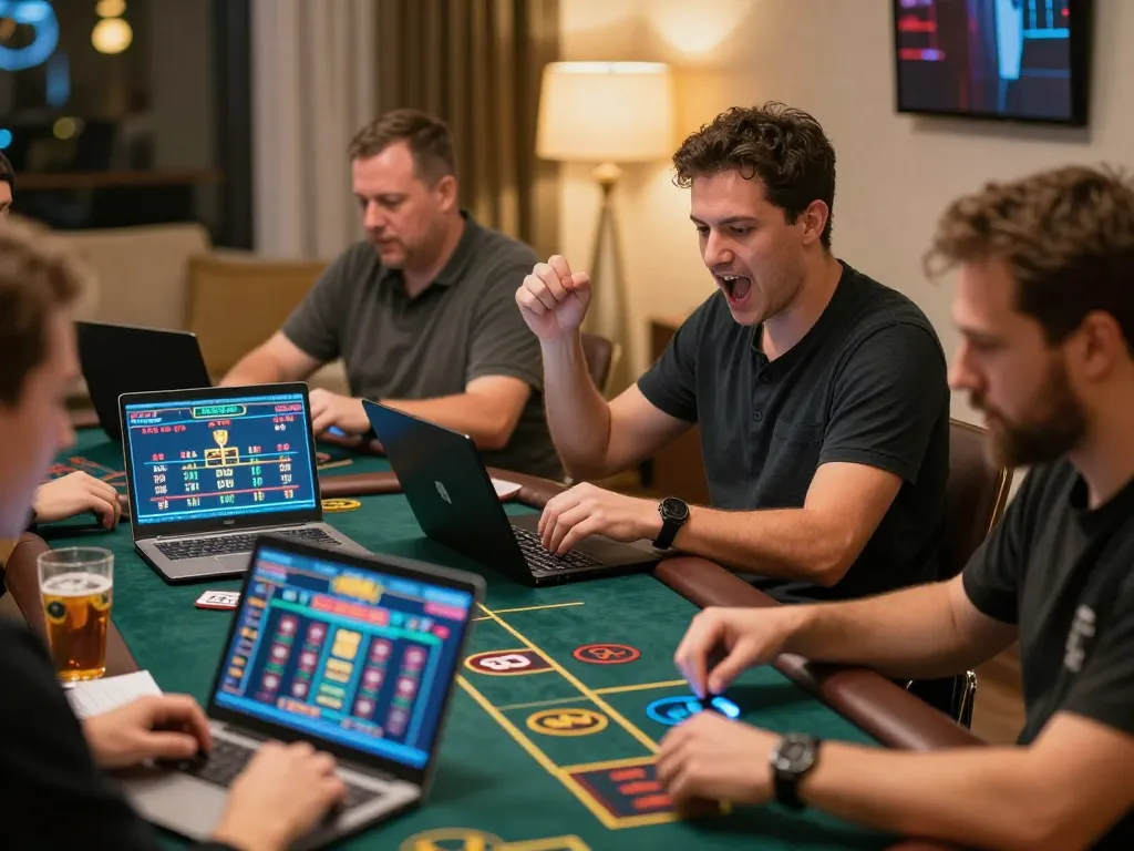 Players engaging with live dealer games at MM 99 online casino from home, showcasing excitement.
