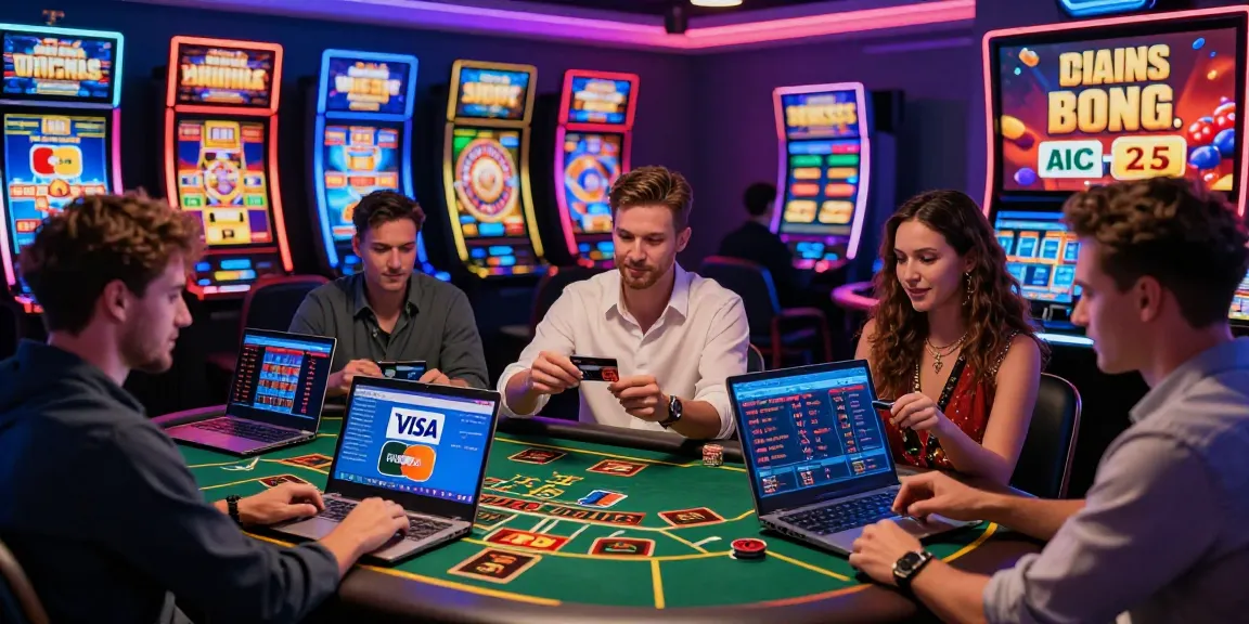Gamblers enjoying casinos that accept credit cards with Visa and Mastercard, vibrant gaming atmosphere.