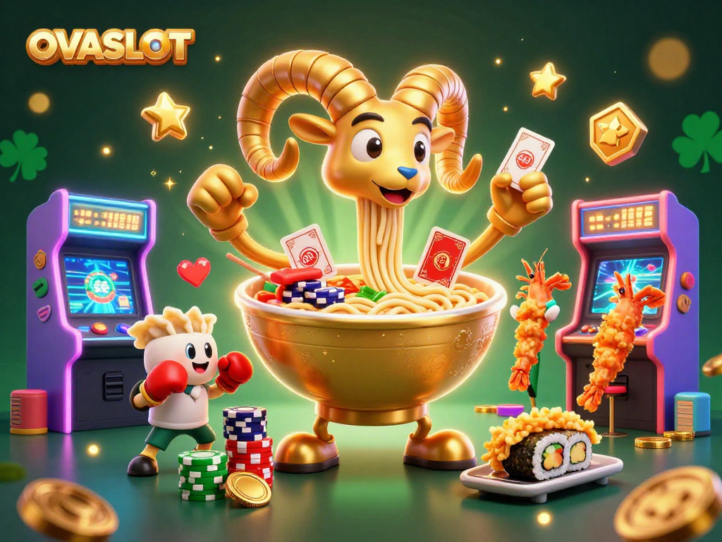 Experience OVASLOT's thrilling gaming with a vibrant 3D casino illustration.