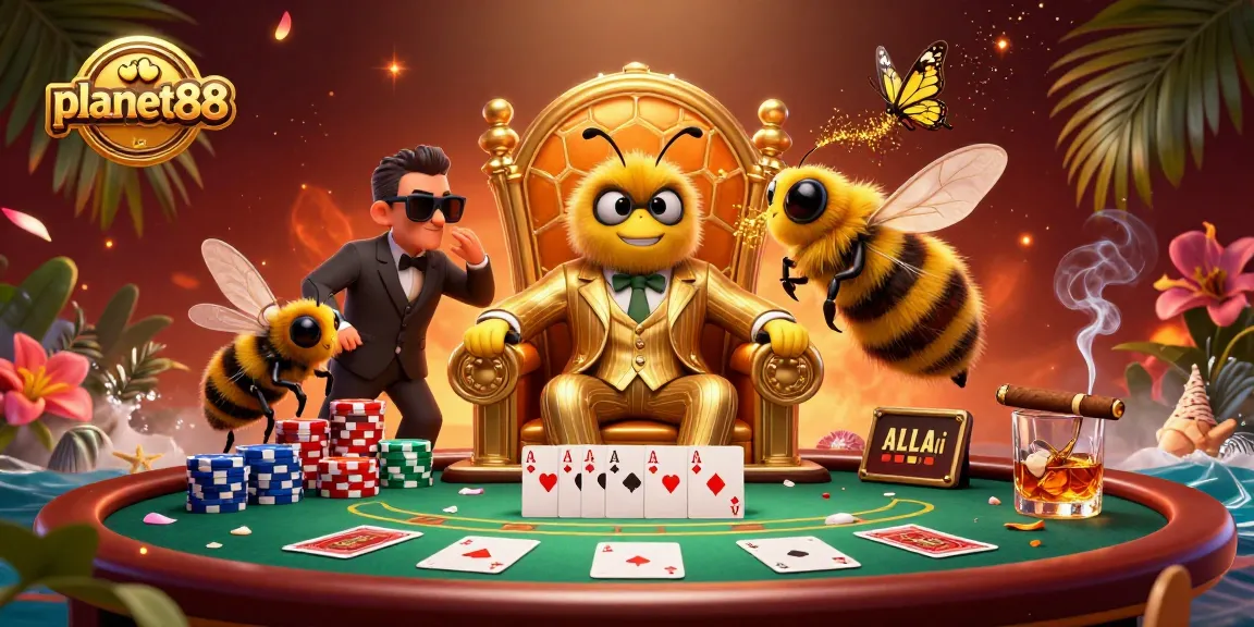 Engage with planet88's vibrant casino scene where a 3D bumblebee mob boss rules a honeycomb throne room, surrounded by colorful poker elements.
