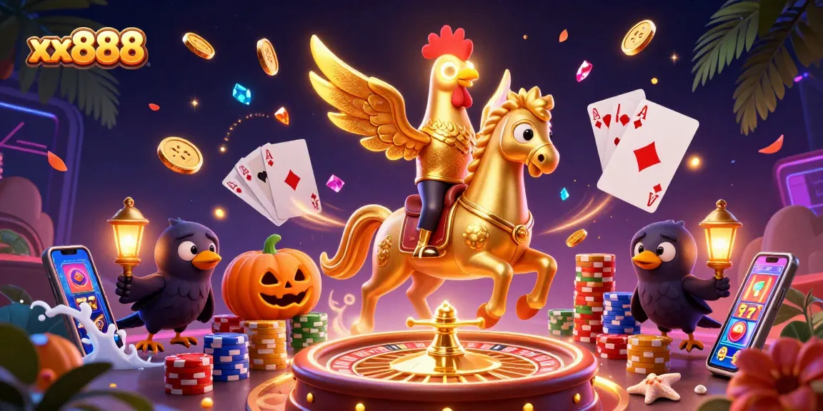 Play exciting games at xx888 with dynamic golden rooster characters amidst festive casino elements.