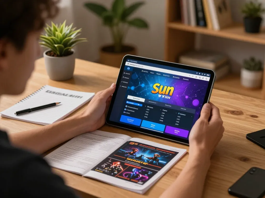 Engaging player exploring the Sun Win app for online gaming strategies at home.