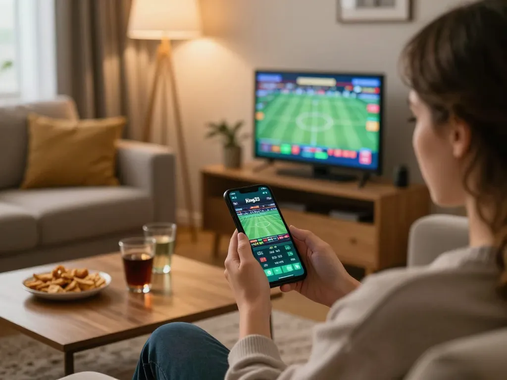 Engaging in sports betting at King33 through smartphone in a cozy home setting.