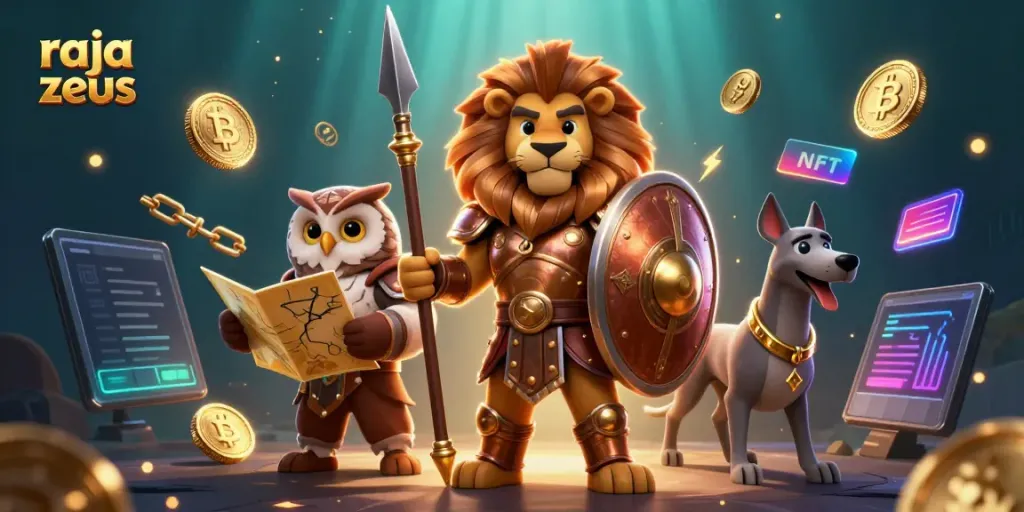 Raja Zeus tampil sebagai singa Spartan berarmor, di sekeliling simbol permainan slot dan cryptocurrency.